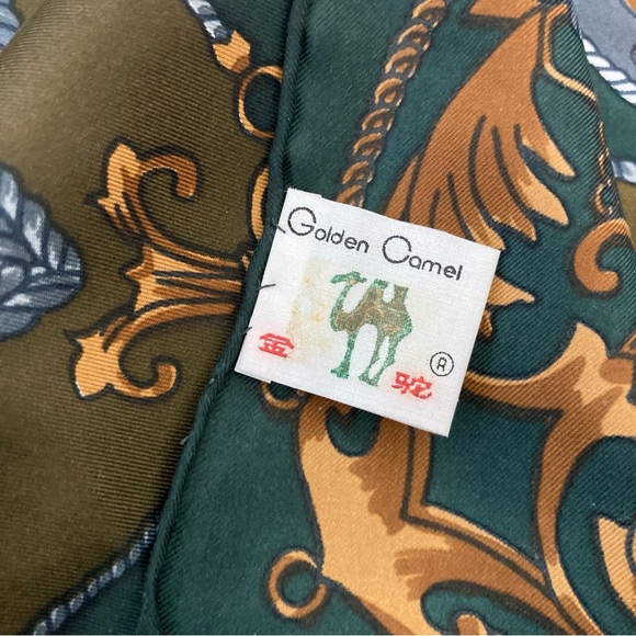 Vintage Golden Camel 34” Equestrian Style Silk Scarf Hand Rolled & Printed - Picture 5 of 7